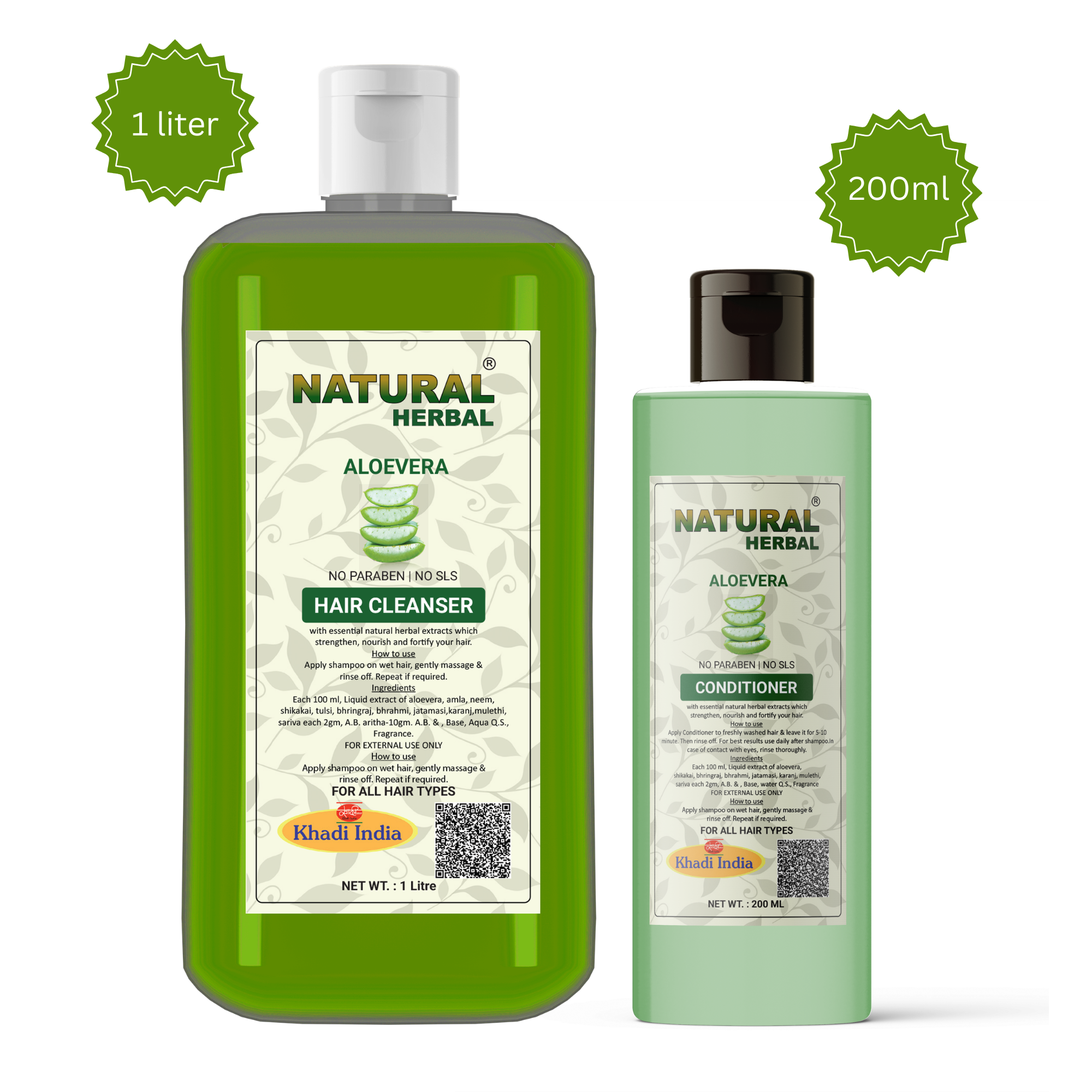 Natural Herbal Khadi Aloe vera Hair Cleanser Shampoo 1 Liter | And Aloe vera Conditioner 200ml Combo Pack