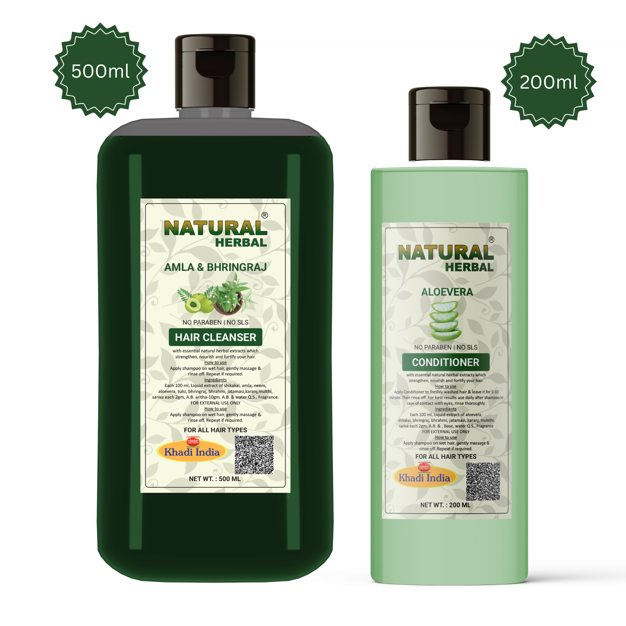 Natural Herbal Khadi Amla Bhringraj Shampoo 500 ml And Aloevera Conditioner 200 ml For Hair Growth | Shampoo And Conditioner Combo Pack