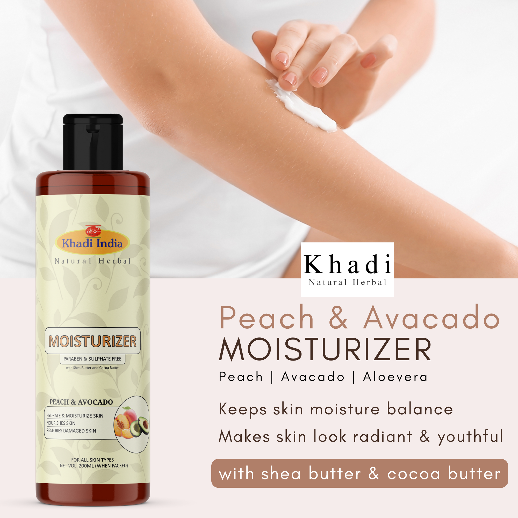 Khadi Natural Herbal Moisturizer | Peach & Avacado | Paraben & Sulphate Free, 200ml