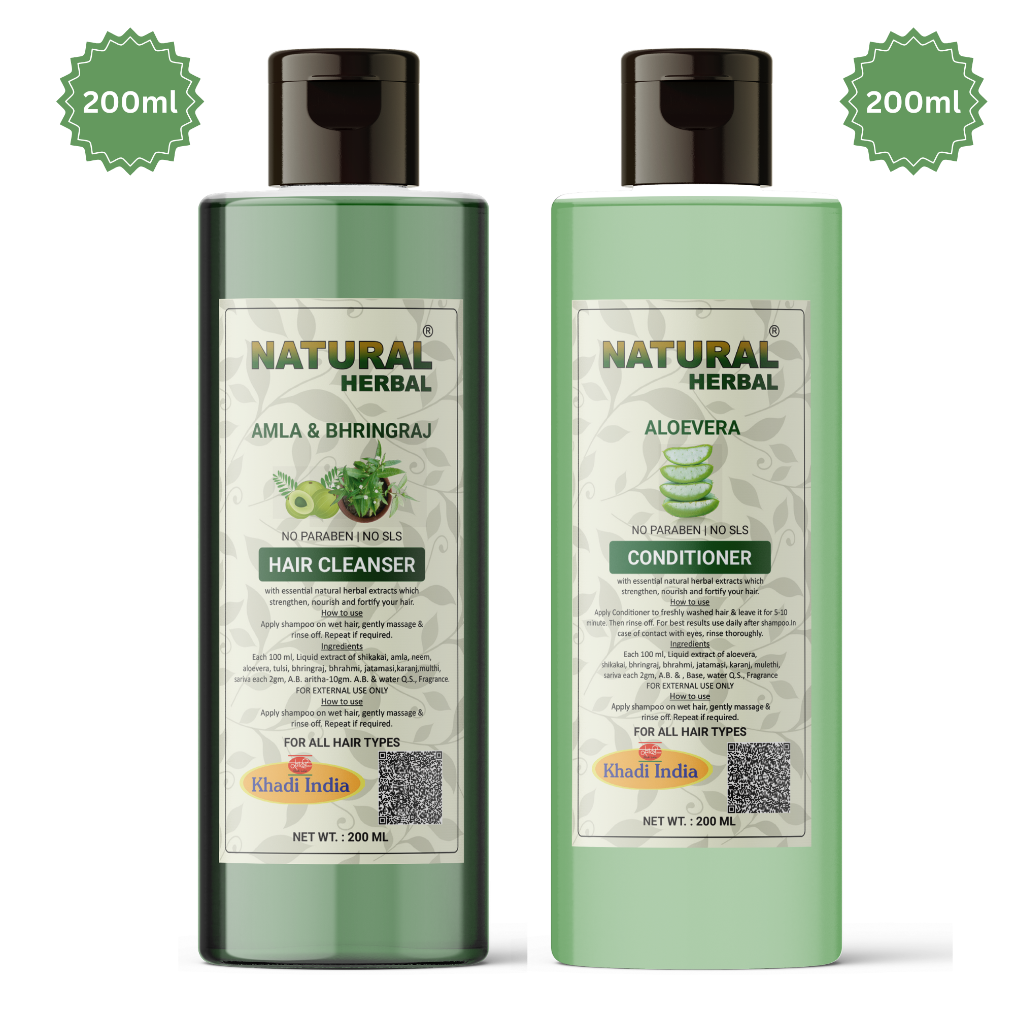 Natural Herbal Khadi Amla Bhringraj Shampoo 200ml and Aloe vera Conditioner 200ml Combo kit
