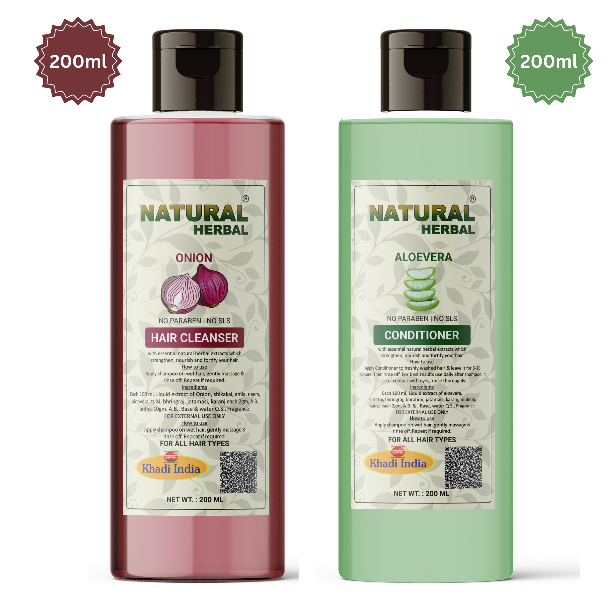 Natural Herbal Khadi Onion Shampoo 200ml and Aloevera Hair Conditioner 200ml Combo Pack
