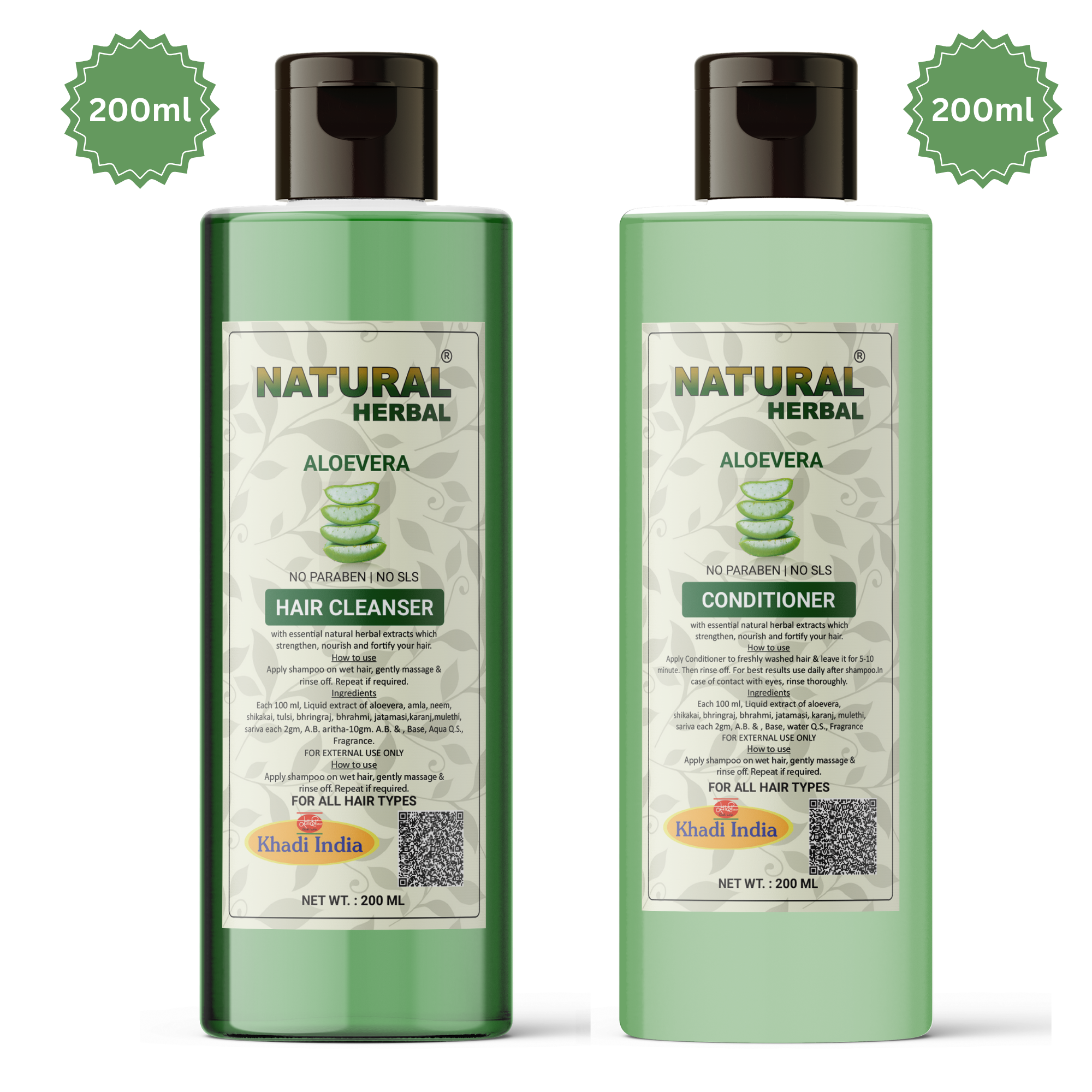 Natural Herbal Khadi Aloe vera Shampoo 200ml & Aloe vera Conditioner 200ml Combo Kit