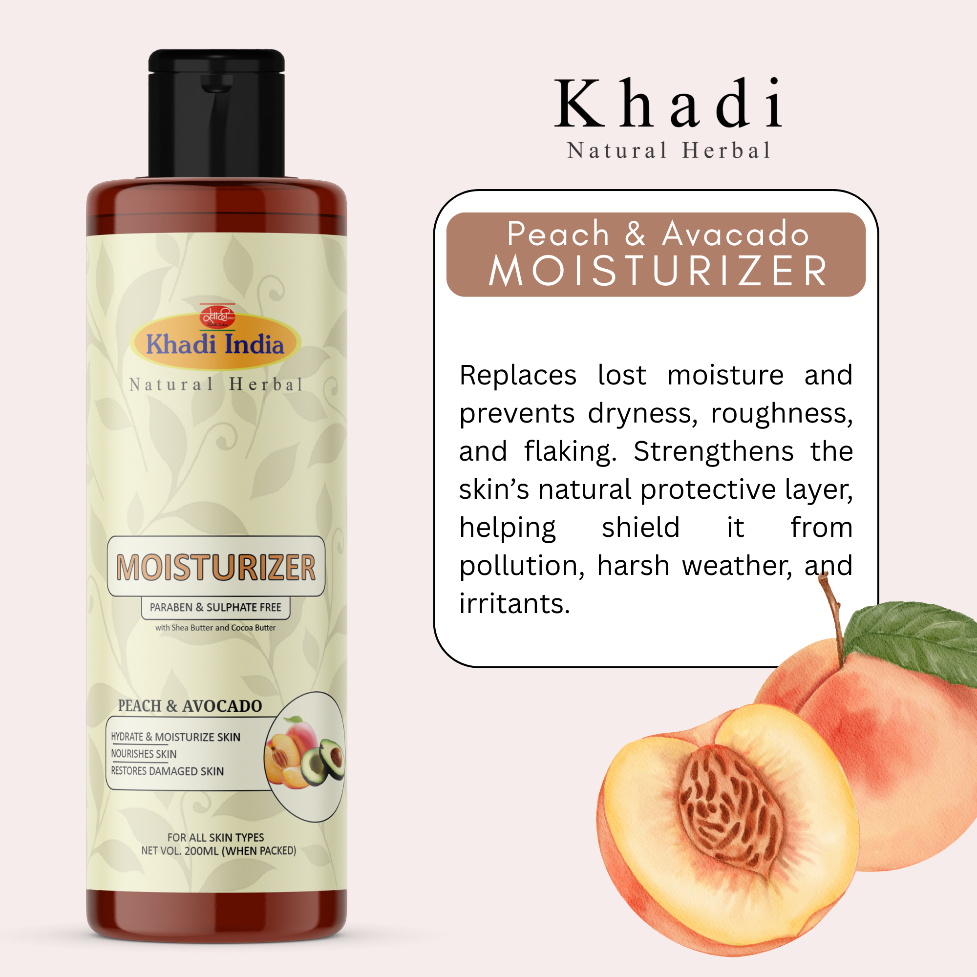 Khadi Natural Herbal Moisturizer | Peach & Avacado | Paraben & Sulphate Free, 200ml