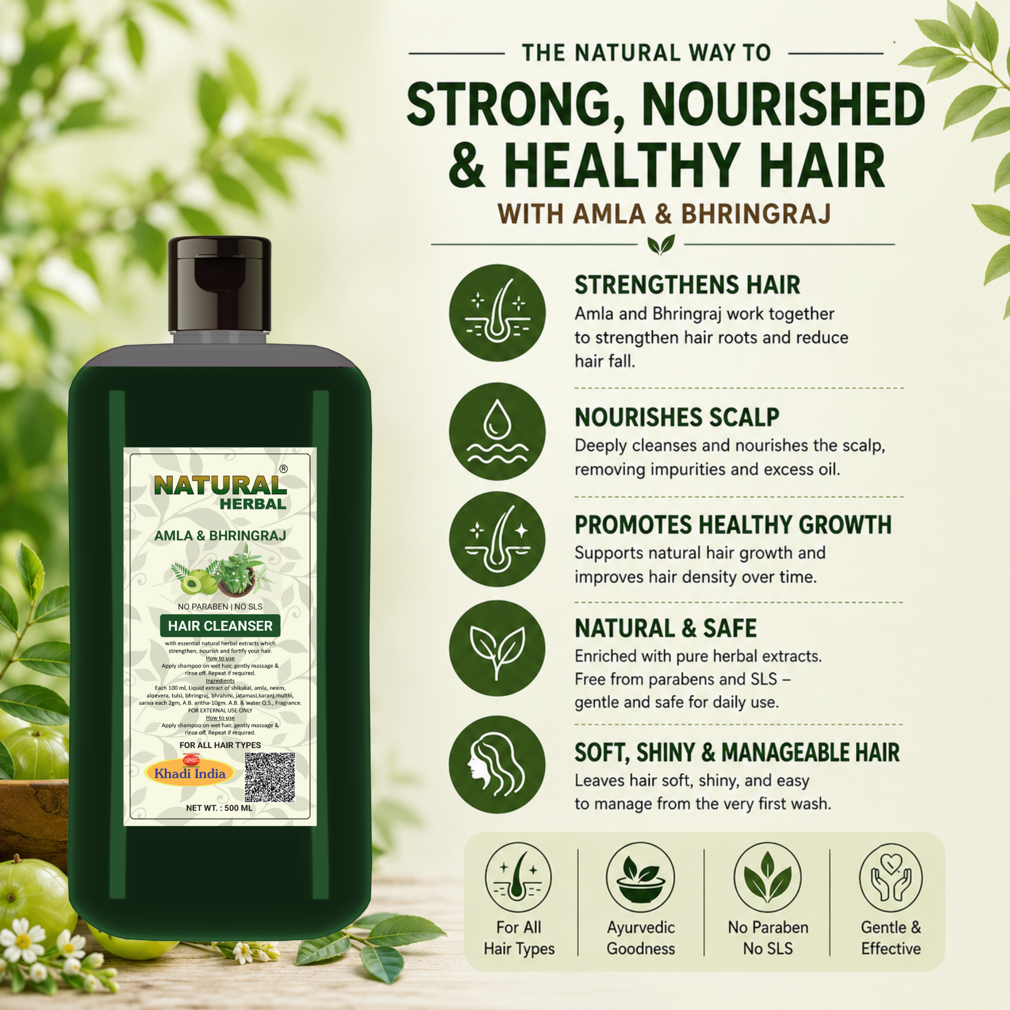 Natural Herbal Khadi Amla Bhringraj Shampoo 500 ml And Aloevera Conditioner 200 ml For Hair Growth | Shampoo And Conditioner Combo Pack
