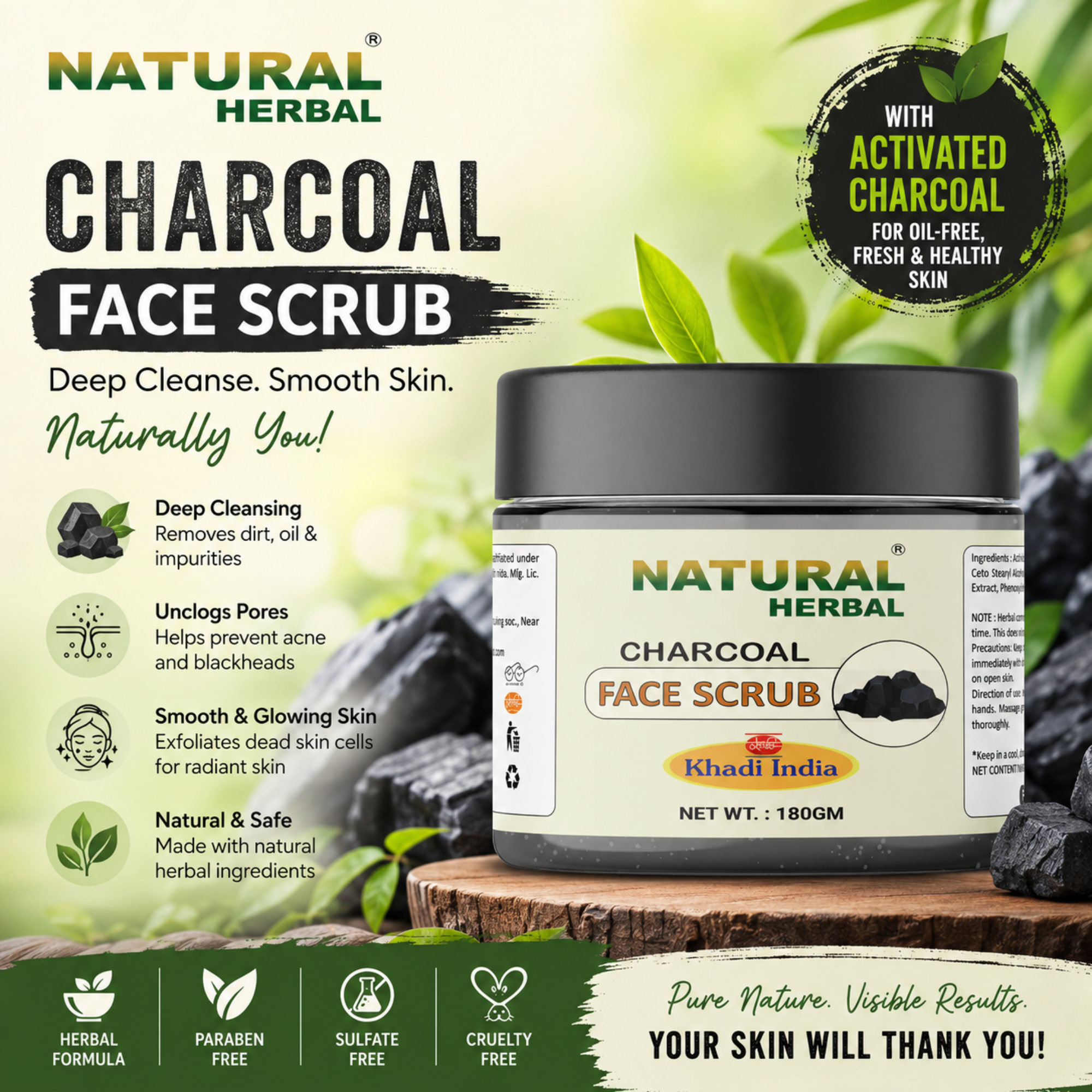Natural Herbal Khadi Charcoal Face Scrub 180gm