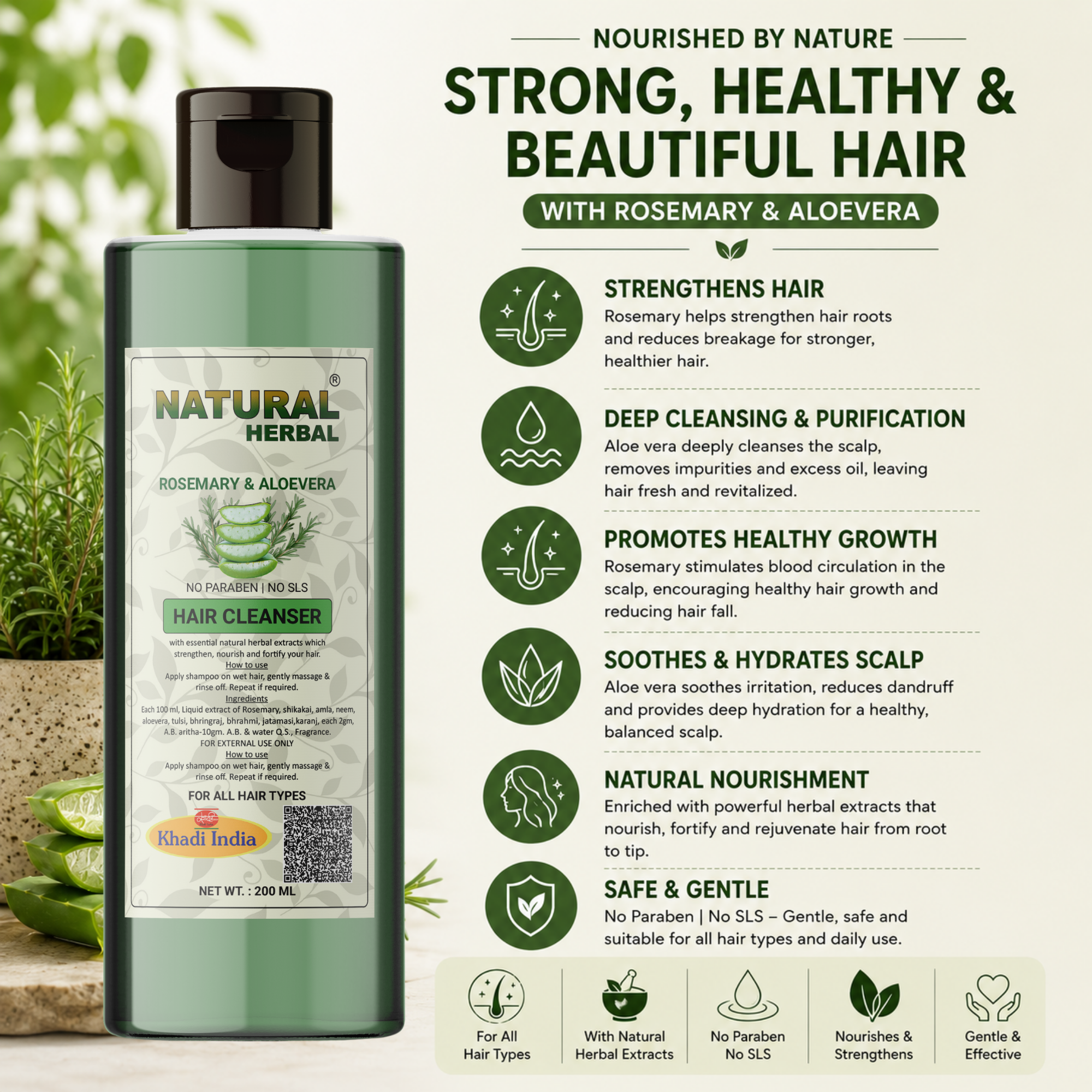 Natural Herbal Rosemary Aloe Vera Shampoo 200ml for men and women