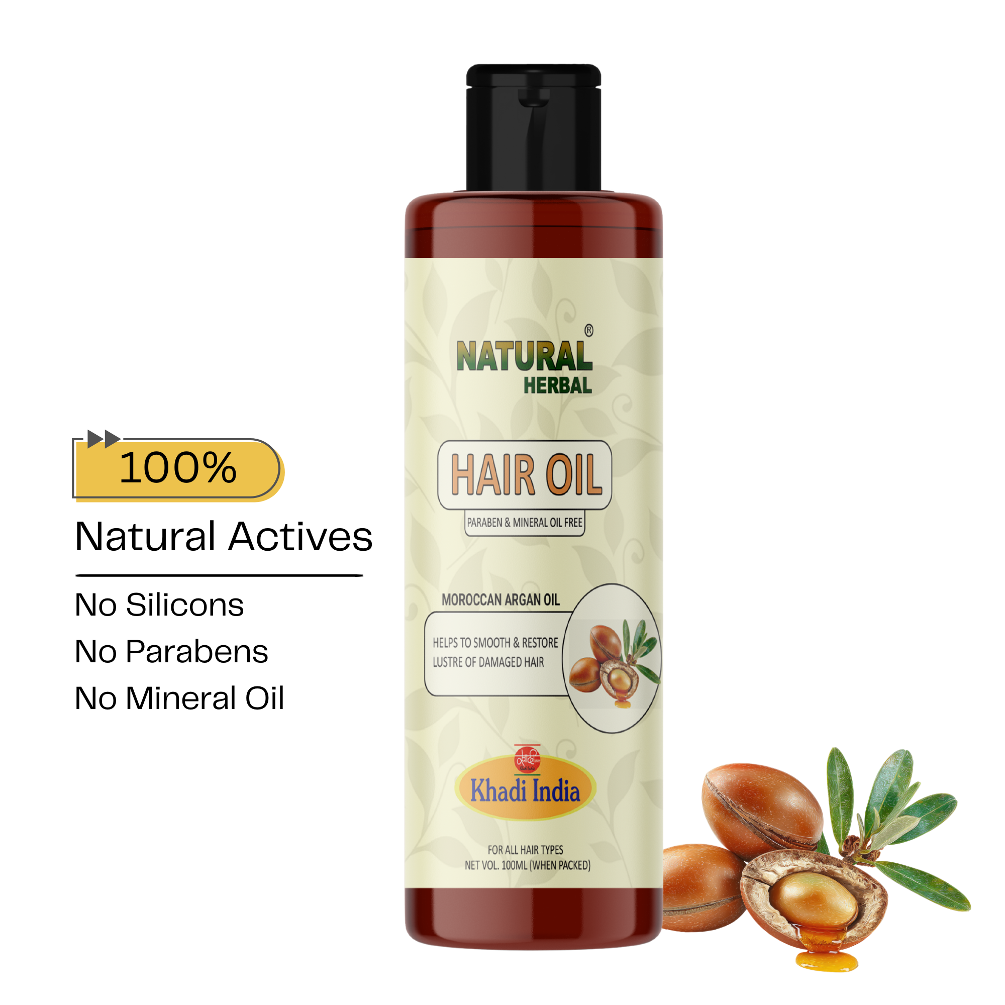 Natural Herbal Khadi Hair Oil with Moroccan Argan Oil, Paraben and Mineral Oil Free 100ml