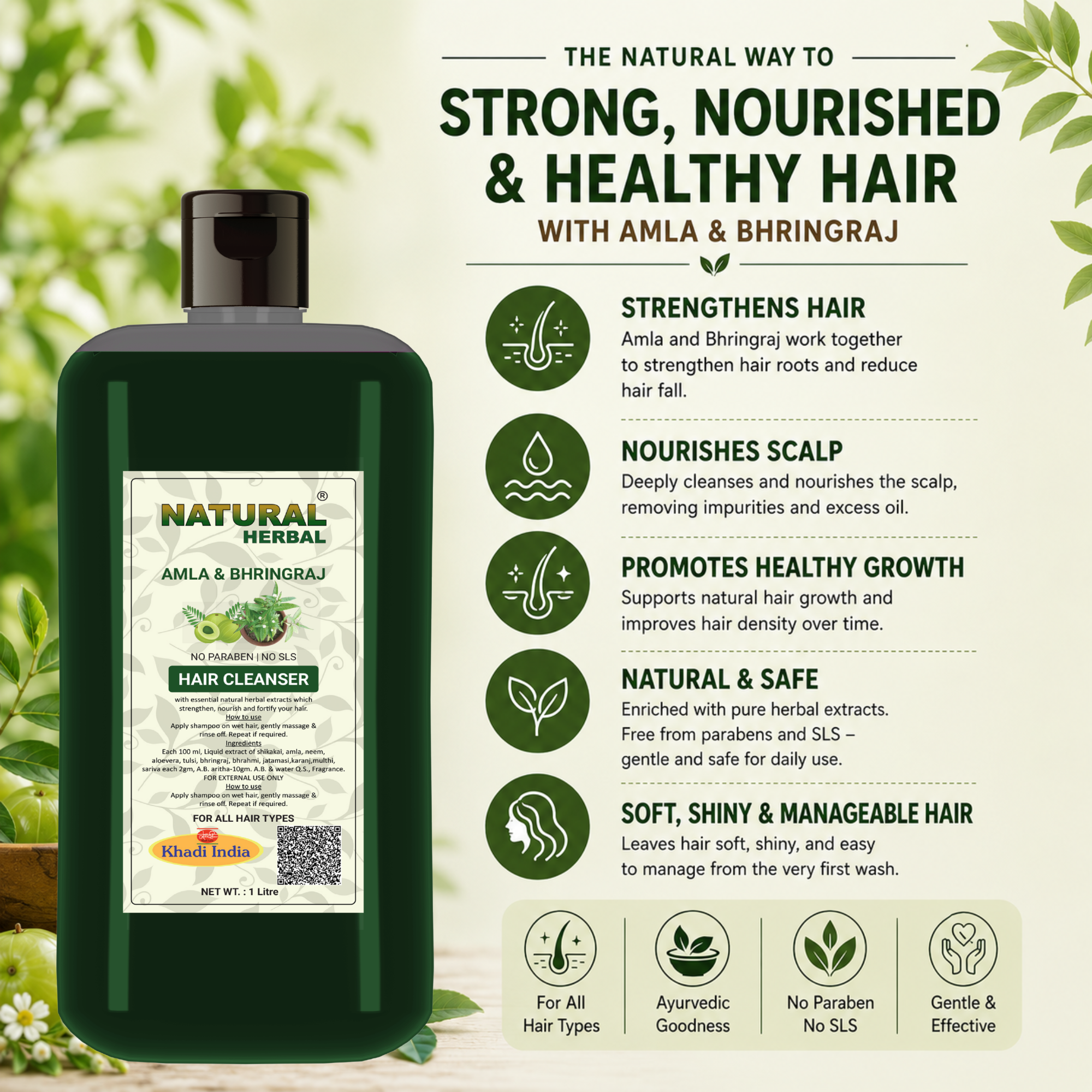 Natural Herbal Khadi Amla Bhringraj Shampoo 1 Litre