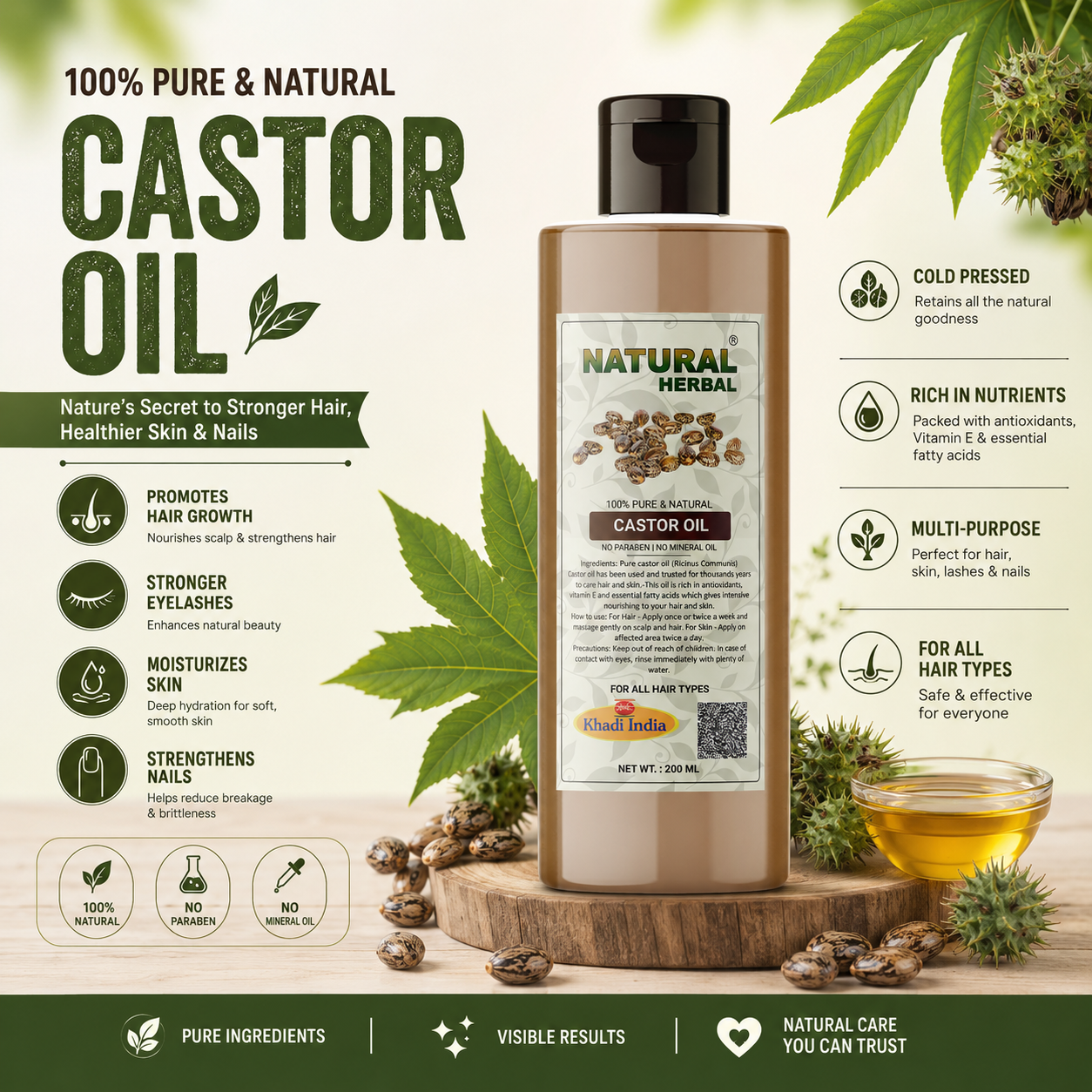 Natural Herbal Khadi Castor Oil 200ml