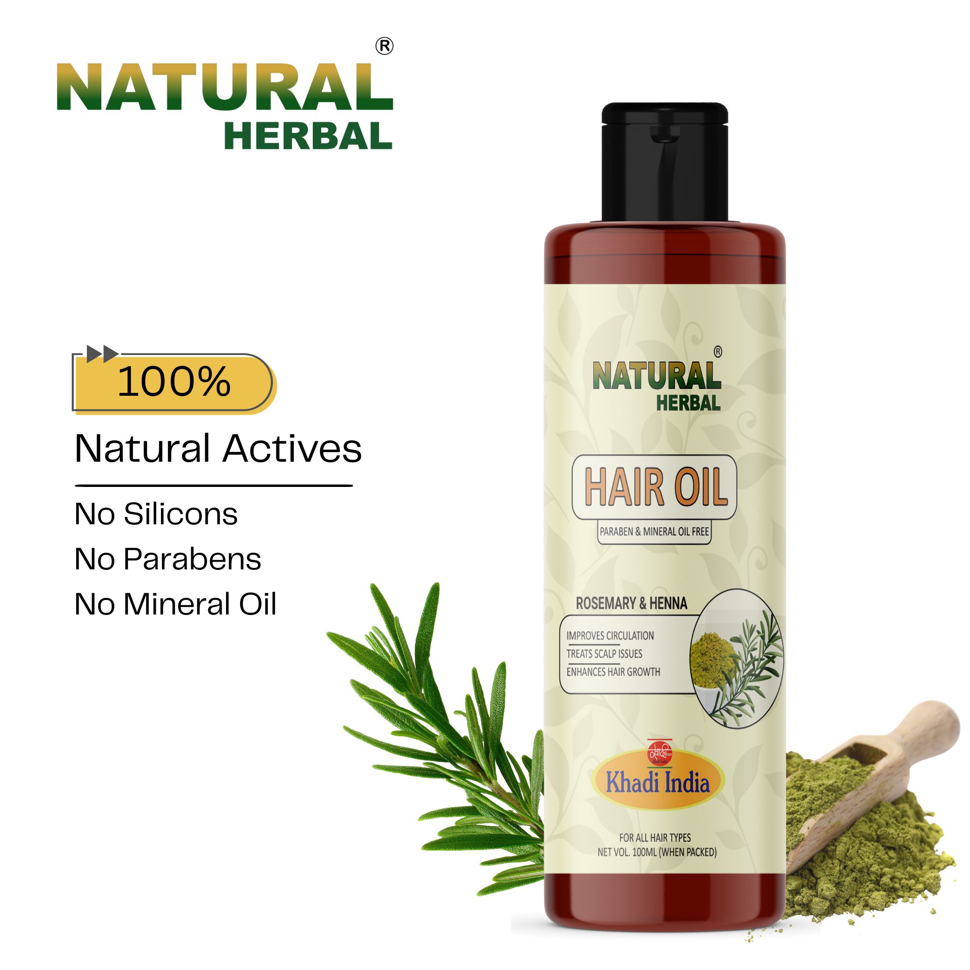 Natural Herbal Khadi Rosemary And Henna Hair Oil 100ml