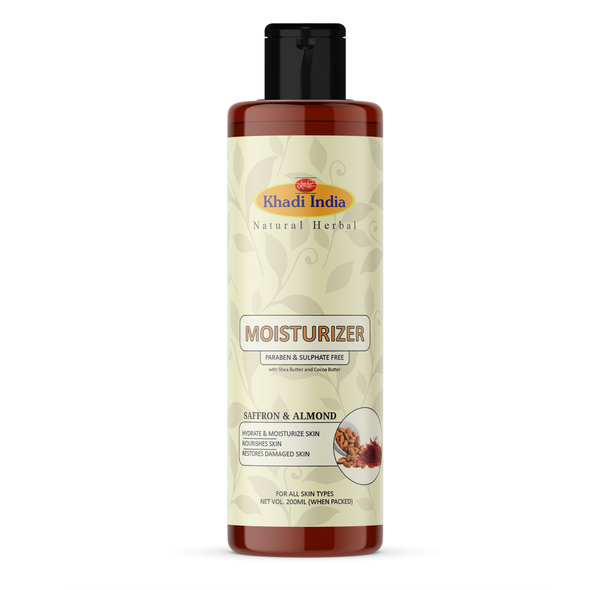 Khadi Natural Herbal Moisturizer | Saffron & Almond | Paraben & Sulphate Free, 200ml
