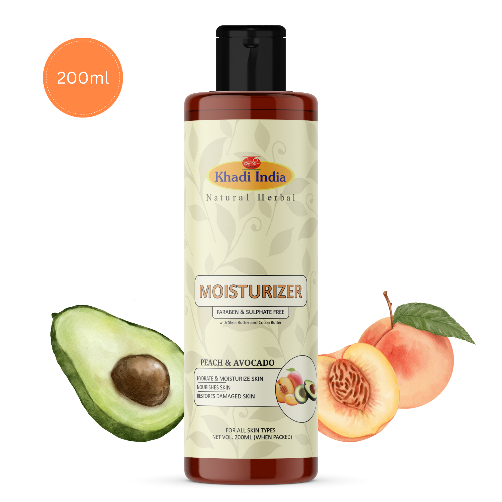 Khadi Natural Herbal Moisturizer | Peach & Avacado | Paraben & Sulphate Free, 200ml