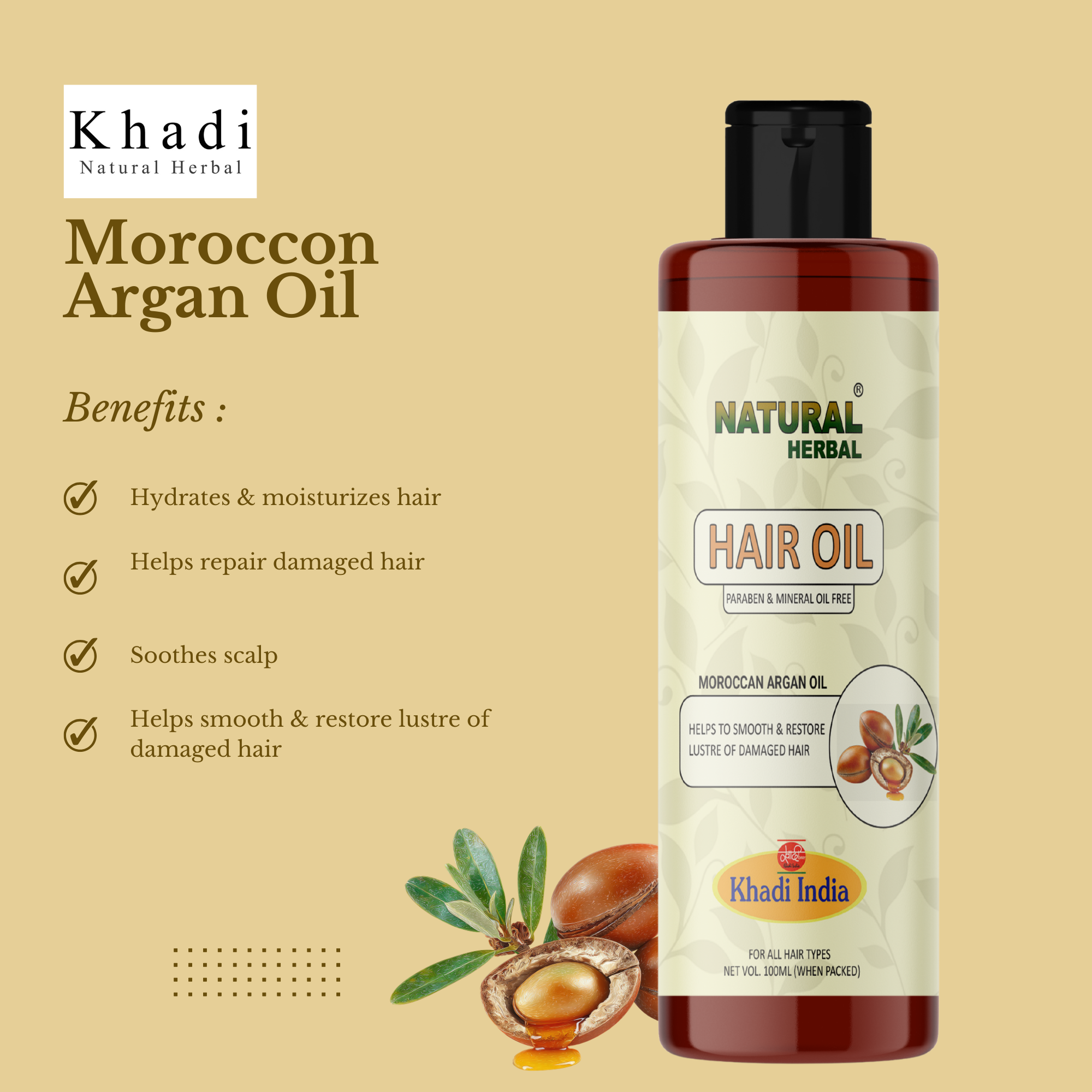 Natural Herbal Khadi Hair Oil with Moroccan Argan Oil, Paraben and Mineral Oil Free 100ml