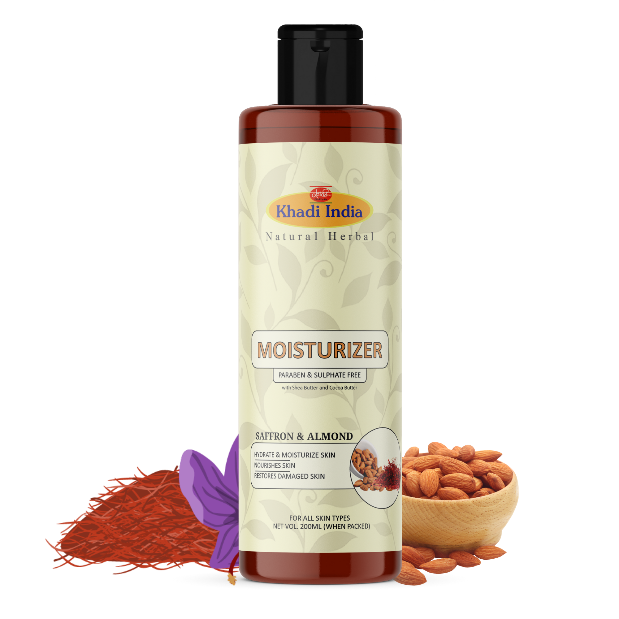 Khadi Natural Herbal Moisturizer | Saffron & Almond | Paraben & Sulphate Free, 200ml