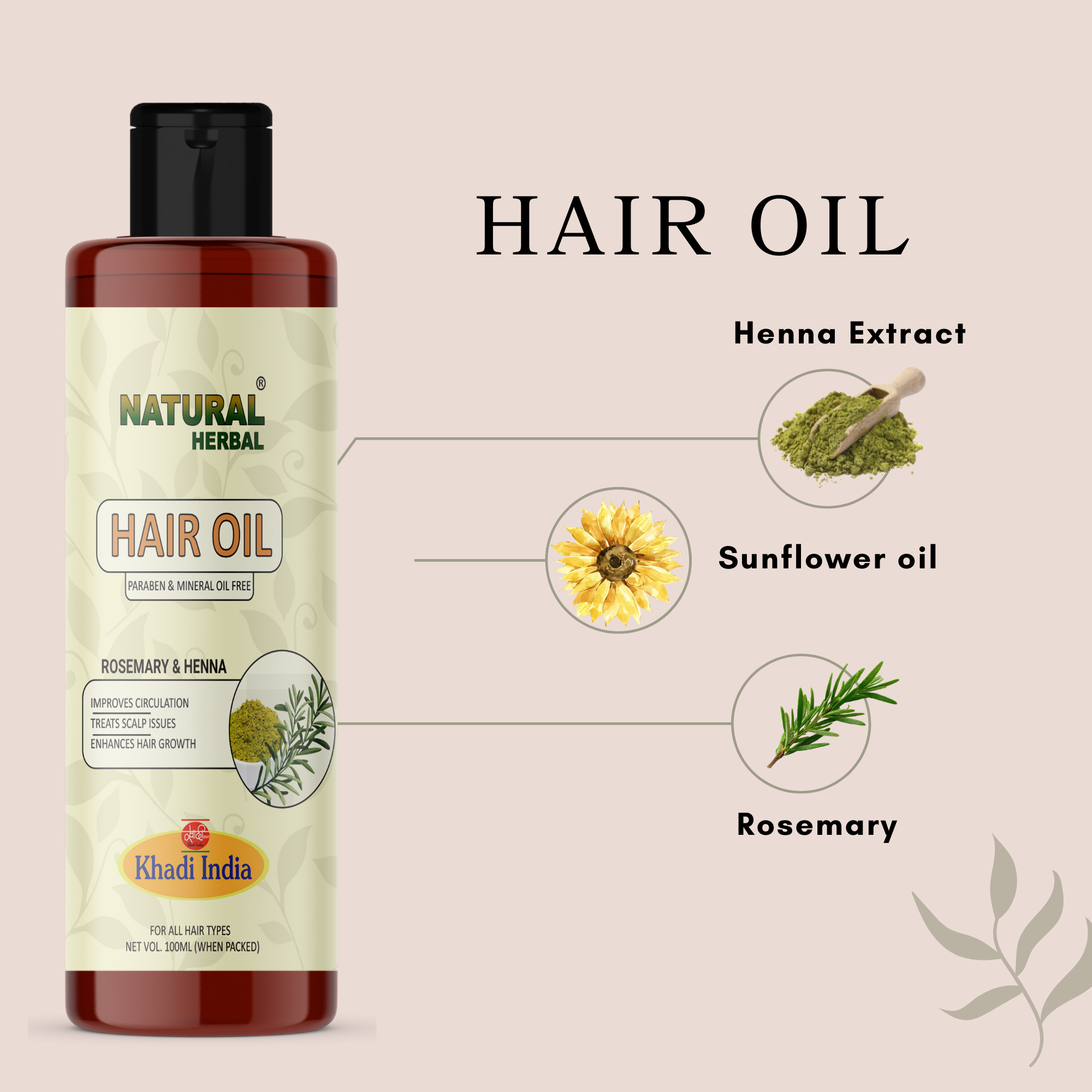 Natural Herbal Khadi Rosemary And Henna Hair Oil 100ml