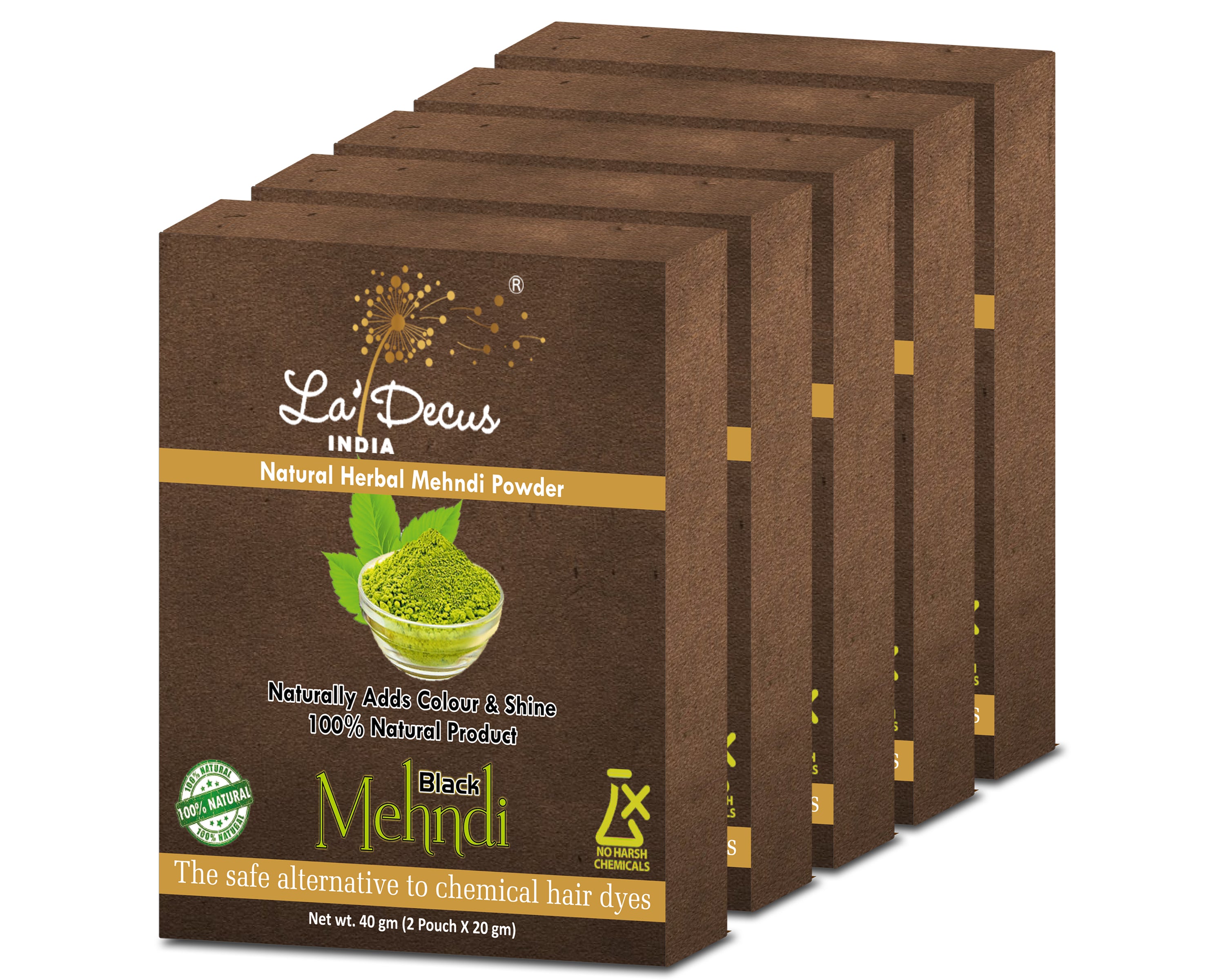 La' Decus INDIA Natural Herbal Organic Black Mehndi 40gm for Men & Women Pack Of 5