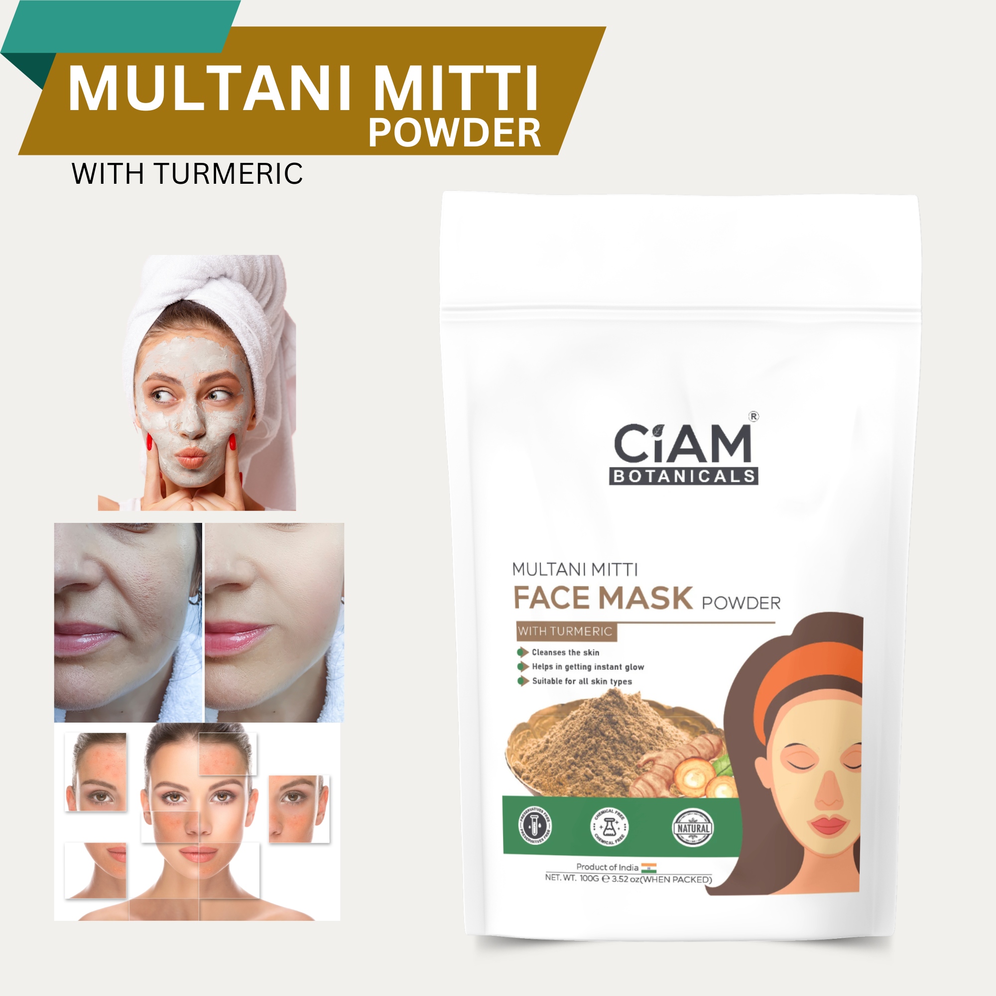 Ciam Multani Mitti Face Pack Powder With Turmeric | Brighten Skin, Reduce Exceess Oil | 100% Pure & Natural Chemical Free Face Mask Powder Suitable For All Skin Types Pack Of 100gm
