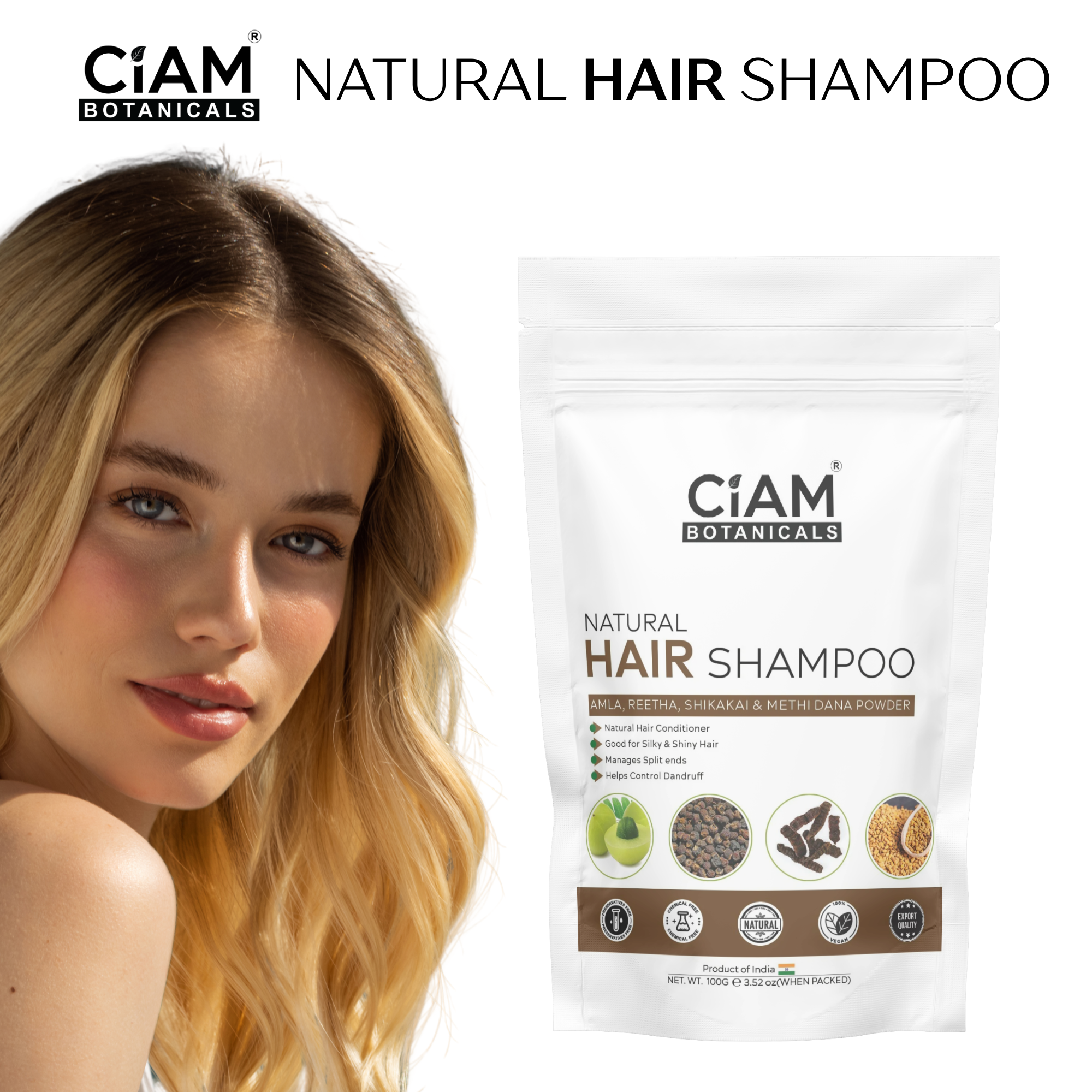 CIAM Botanicals Natural Powder Hair Shampoo With Pure & Herbal Amla, Reetha, Shikakai, Methi Dana Powder, For Men & Women Totally Organic | Paraben And Sulphate Free Shampoo 100g