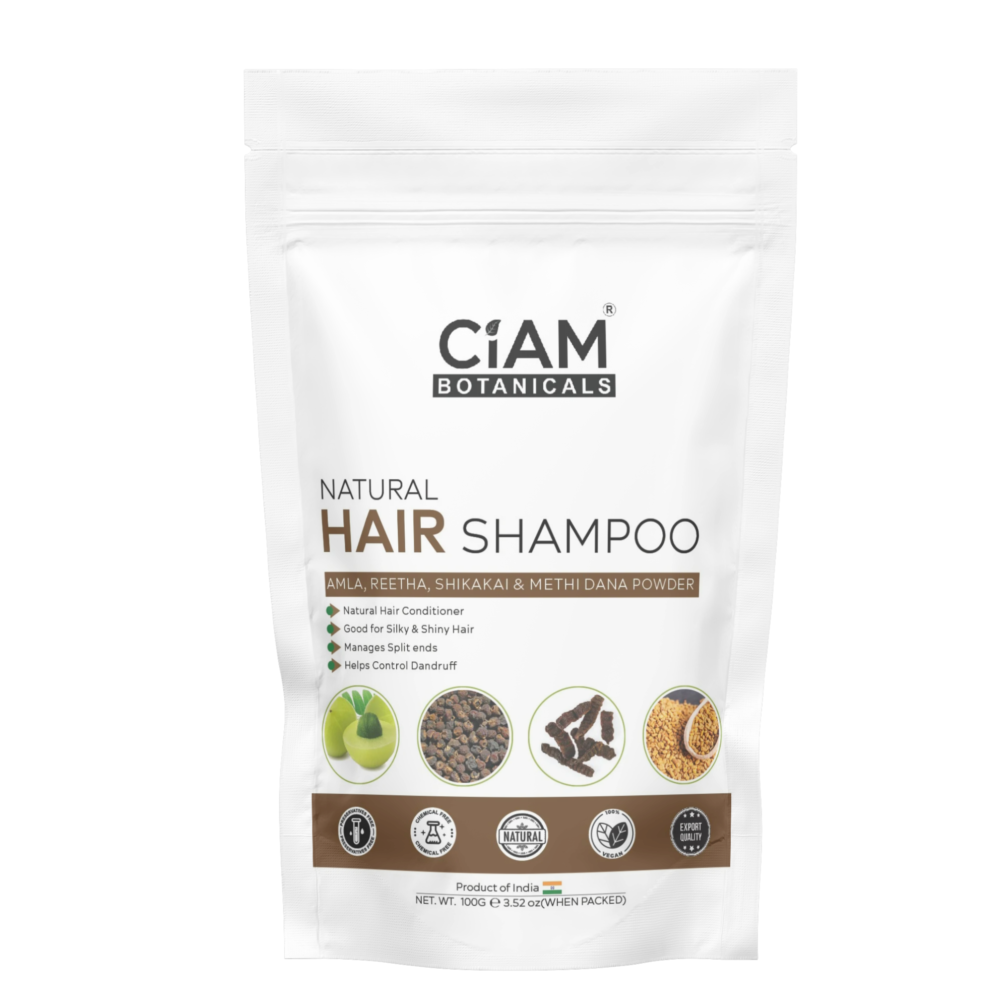 CIAM Botanicals Natural Powder Hair Shampoo With Pure & Herbal Amla, Reetha, Shikakai, Methi Dana Powder, For Men & Women Totally Organic | Paraben And Sulphate Free Shampoo 100g
