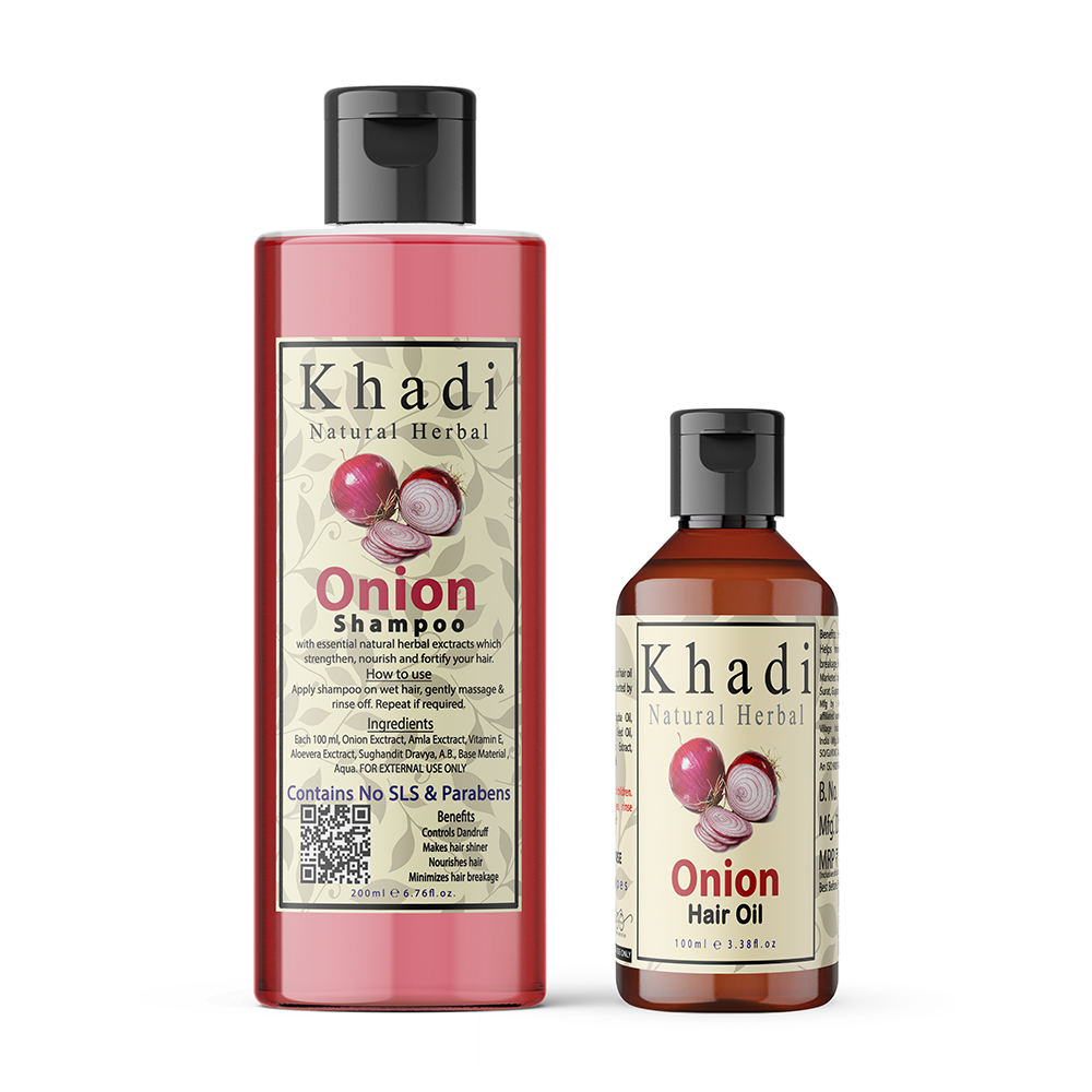 Khadi Natural Herbal Red Onion Hair Oil 100ml and Onion Shampoo 200ml Combo Hair Kit